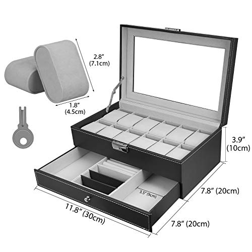 Caja para relojes de 12 rejillas, organizador de relojes, caja de joyas de doble capa, caja de relojes con cierre con tapa de cristal, vitrina de piel sintética para almacenamiento y pantalla