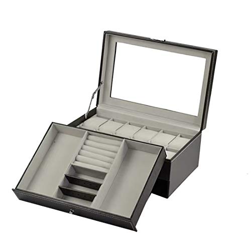 Caja para relojes de 12 rejillas, organizador de relojes, caja de joyas de doble capa, caja de relojes con cierre con tapa de cristal, vitrina de piel sintética para almacenamiento y pantalla