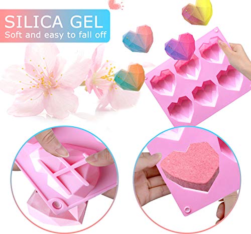 CaLeQi - Molde de silicona con forma de corazón de 6 cavidades, diseño de corazón y diamante, hecho a mano, para pasteles, chocolate, jabón, pudin, bandeja de herramientas de cocina