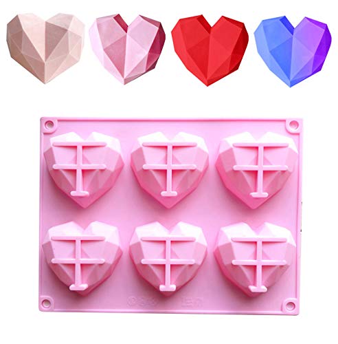 CaLeQi - Molde de silicona con forma de corazón de 6 cavidades, diseño de corazón y diamante, hecho a mano, para pasteles, chocolate, jabón, pudin, bandeja de herramientas de cocina