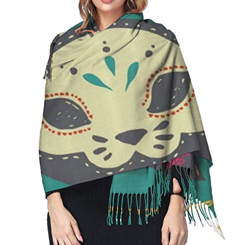 Cálido Bufandas de Invierno Calavera de gato de azúcar con temática del Día de los Muertos en un marco de círculo amarillo Palabras en español Pashmina Chales mujer Bufandas