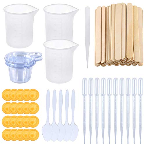 CALISTOUK 109PCS Juego de Herramientas de Resina epoxi Tazas para Mezclar, Tazas de Silicona de 100 ml, cucharas, pipetas para Mezclar, Varillas para Mezclar de Madera, Pinzas y moldes de fundición