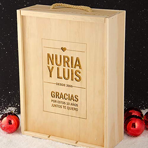 Calledelregalo Regalo Personalizable para Aniversario, Bodas de Oro, Bodas de Plata: Caja para Tres Botellas de Vino grabada con Nombres, año y dedicatoria