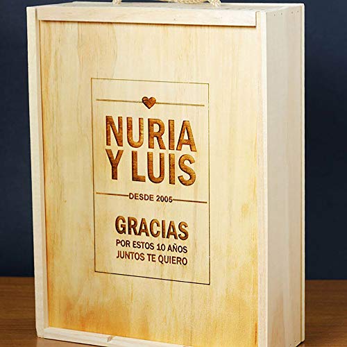 Calledelregalo Regalo Personalizable para Aniversario, Bodas de Oro, Bodas de Plata: Caja para Tres Botellas de Vino grabada con Nombres, año y dedicatoria