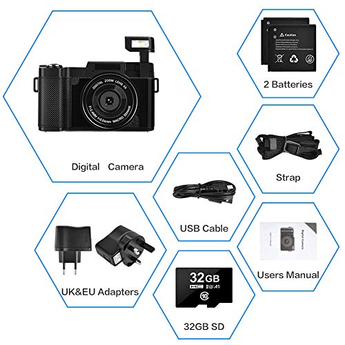 Camara de Fotos Camara Fotos Full HD 2.7K C de 30MP para Youtube Camaras de Fotos Digital con Tarjeta de Memoria de 32G y 2 Baterías