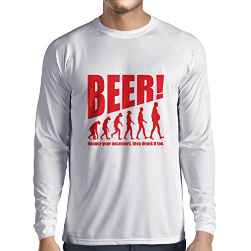 Camiseta de Manga Larga para Hombre The Beervolution - Ideas Divertidas únicas sarcásticas del Regalo para los Amantes de la Cerveza, evolución de consumición (Small Blanco Rojo)