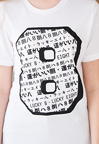 Camiseta japonesa de la suerte 8 número ocho béisbol fútbol superior estilo retro japonés escritura kawaii kanji harajuku monocromo impreso camiseta superior Blanco blanco XXL