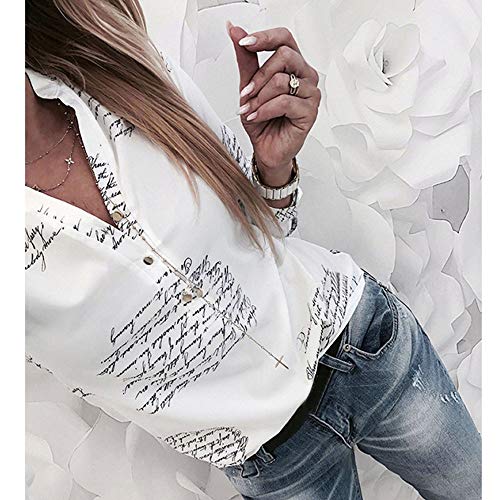 Camiseta para Mujer, Camisa de Manga Larga con Botones y Cuello en V Top Letter Print ImpresióN T Shirt Casual BotónPrimavera Blusa Oficina Moda T-Shirt Sudadera riou