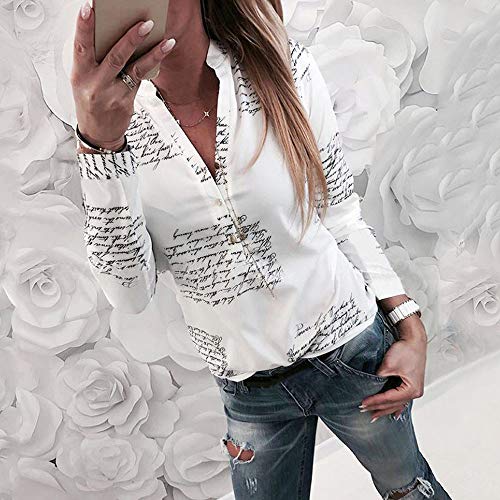 Camiseta para Mujer, Camisa de Manga Larga con Botones y Cuello en V Top Letter Print ImpresióN T Shirt Casual BotónPrimavera Blusa Oficina Moda T-Shirt Sudadera riou