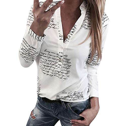 Camiseta para Mujer, Camisa de Manga Larga con Botones y Cuello en V Top Letter Print ImpresióN T Shirt Casual BotónPrimavera Blusa Oficina Moda T-Shirt Sudadera riou