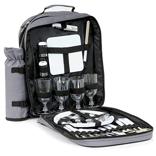 CampFeuer - Mochila de Picnic con Manta I 1-4 Personas I 31 Piezas I Soporte para Botellas I Térmica I Vajilla I Cubiertos I Color Gris