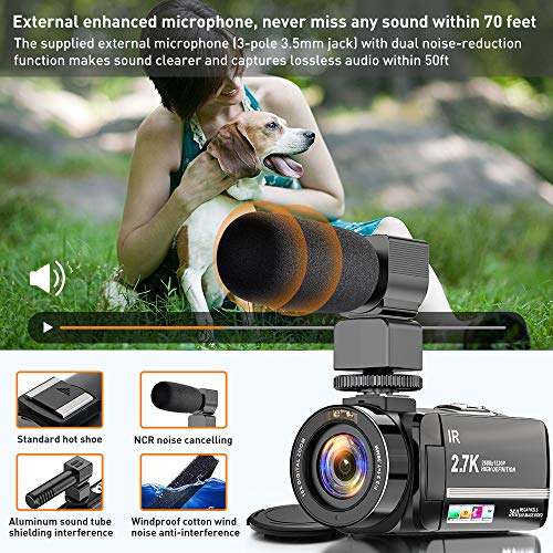 CamVeo 2.7K Videocámara Camcorder, Vlogging Kamera mit 1o6X leistungsstarken Zoom und 36 Mega Pixel IR Night Vision Digital, Kamera-Recorder mit 3,0 Zll LCD Touchscreen Camcorder Full HD mit Mikrofon