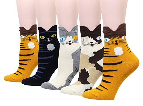 Cansok - Pack de 5 pares de calcetines para mujer con diseño de animales (gato feliz 3D)