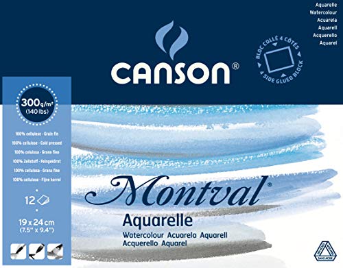 'Canson 200006533 AQ Montval Fein Aquarelle, 300 g/m², 12 hojas por bloque "encolado alrededor, 19 x 24 cm, color blanco