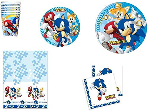 CAPRILO. Lote de Cubiertos Infantiles Desechables Modern Sonic (16 Vasos,16 Platos,16 Servilletas,1 Mantel y 1 Piñata) .Vajillas. Juguetes y Regalos de Cumpleaños, Bodas, Bautizos y Comuniones.