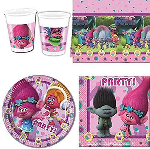 CAPRILO. Lote de Cubiertos Infantiles Desechables Trolls (16 Vasos, 16 Platos, 20 Servilletas y 1 Mantel) .Vajillas y Juguetes para Fiestas de Cumpleaños, Bodas, Bautizos y Comuniones.