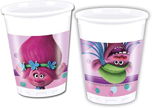 CAPRILO. Lote de Cubiertos Infantiles Desechables Trolls (8 Vasos, 8 Platos, 20 Servilletas y 1 Mantel) .Vajillas y Juguetes para Fiestas de Cumpleaños, Bodas, Bautizos y Comuniones.