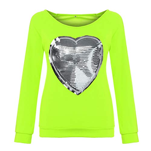 Caramelo de Mujer Fluorescente Cuello Redondo Manga Larga Corazón Camiseta de Lentejuelas Casual Elegantes Blusa Delgado Sudadera Camiseta Oficina Camisa riou