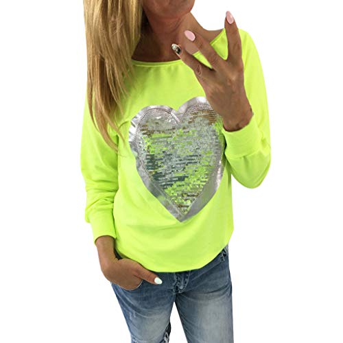 Caramelo de Mujer Fluorescente Cuello Redondo Manga Larga Corazón Camiseta de Lentejuelas Casual Elegantes Blusa Delgado Sudadera Camiseta Oficina Camisa riou