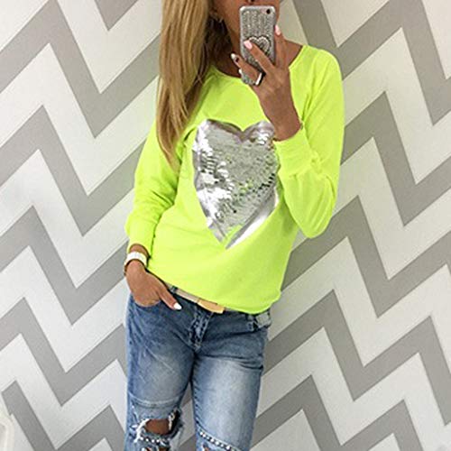 Caramelo de Mujer Fluorescente Cuello Redondo Manga Larga Corazón Camiseta de Lentejuelas Casual Elegantes Blusa Delgado Sudadera Camiseta Oficina Camisa riou