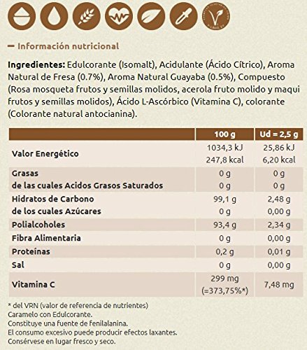 Caramelos Be4 ANTIOX Fresa y Guayaba. VEGANO. 6 UNIDADES de 65gr/unidad. Sin azúcar, sin lactosa, sin gluten, sin grasa, aromas naturales, colorantes naturales