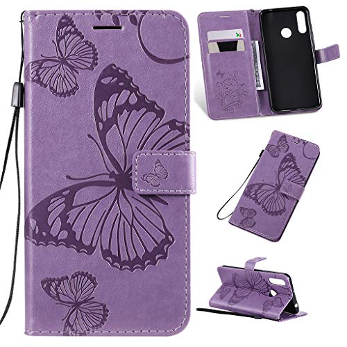 Careynoce Funda LG W30,Mariposa Relieve Color sólido Cuero Retro Flip Soporte Función Case Cover con Magnético Cierre Funda Carcasas para LG W30 - Lavanda