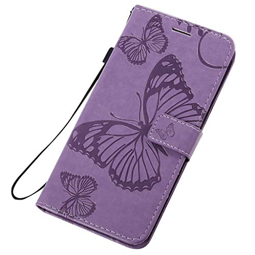 Careynoce Funda LG W30,Mariposa Relieve Color sólido Cuero Retro Flip Soporte Función Case Cover con Magnético Cierre Funda Carcasas para LG W30 - Lavanda