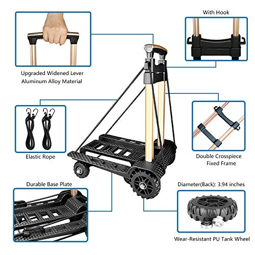 Carretilla Plegable, con Rueda de Tanque de Resistentes al Desgaste sin Ruido y Barra de Compacto Ligero Duradero de Aluminio Asa Retráctil，Carga Máxima 60 KG/132 LBS, Portátil sólo 3.9 LBS