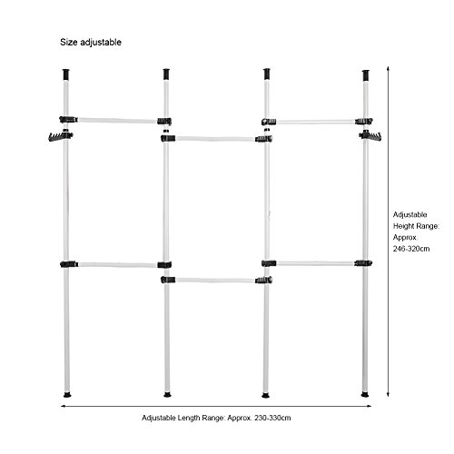 Carril de Ropa de Acero Resistente, Bastidor de Ropa Altura Ajustable， Ajustable Percha de Ropa en Dormitorio, Armario de Prenda con Gancho， Gratis Tenedor de Ropa Incluido (4 Postes 6 Barras)