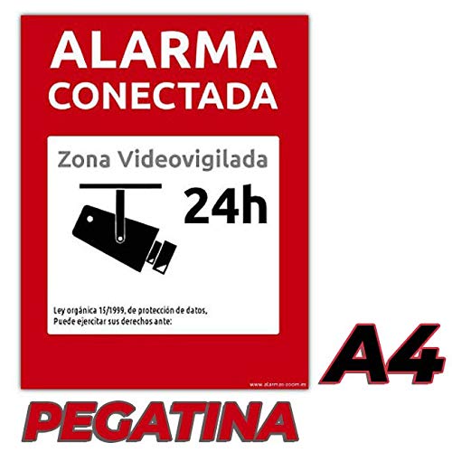 Cartel-Pegatina Alarma conectada disuasorio Zona vigilada 24h Color Rojo 24 Horas videovigilada disuasorios… (Pegatina, A4)