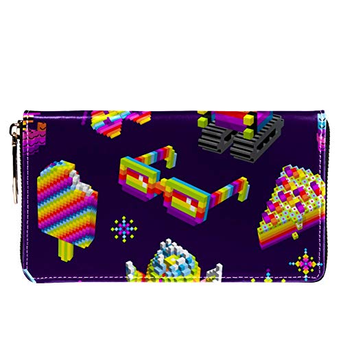 Cartera con cremallera alrededor y embrague para teléfono, Pixel Art Robot Loved Butterfly, cisne, helado, pasteles, bolso de viaje de piel, bolso de embrague para tarjetas, monederos