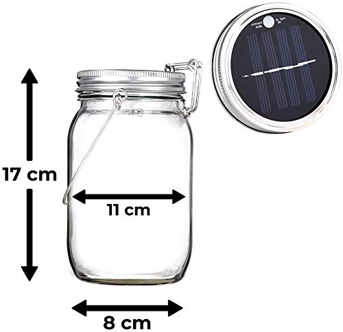 CasaBasics Sun Jar | Lámpara Solar recargable en Tarro de Cristal con 4 Bombillas a batería LED y Gancho | Originales para decoración de Exterior y Interior