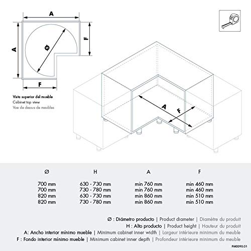 Casaenorden - Kit de 2 bandejas giratorias 270º de Rejilla para Mueble de Cocina esquinero, Diámetro 700mm / Alto 630-730mm