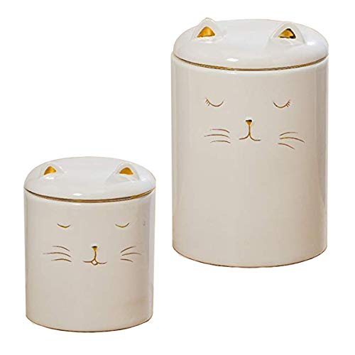 CasaJame Hogar Organización Cocina Despensa Almacenamiento de Alimentos Envases Juegos de 2 Recipientes de Gres Porcelánico Blanco con Cara de Gato Diseñado Ø 10/13 A 13/19 cm