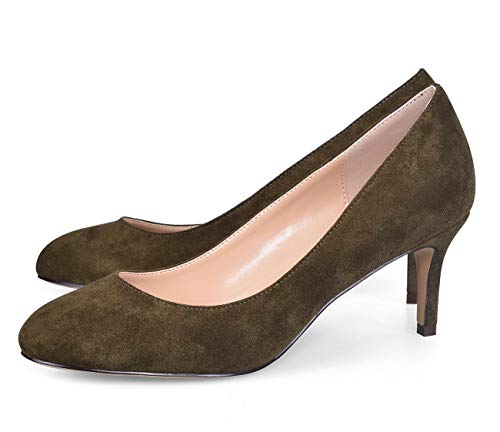 CASTAMERE Mujer Medio Tacón Punta Redondas Tacón de Aguja Zapatos de Tacón 6CM Verde Oliva Ante Zapatos EU 35