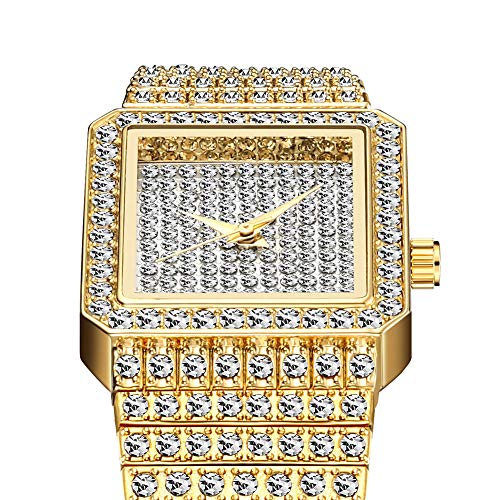 CCZMD Mujeres Reloj señoras hacia Fuera Helado Reloj Acero Correa Bling Bling Manera Relojes Acero Inoxidable para Mujer Cristal Diamante señoras Relojes Cuarzo analógico Pulsera Pulsera Encanto,Oro