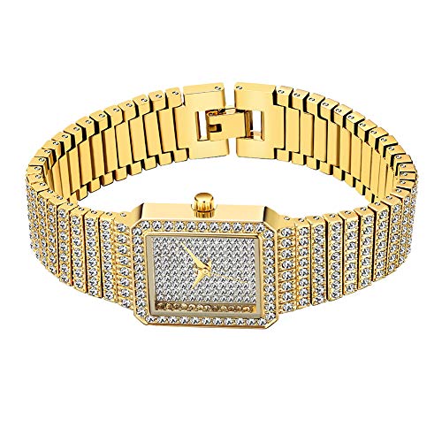 CCZMD Mujeres Reloj señoras hacia Fuera Helado Reloj Acero Correa Bling Bling Manera Relojes Acero Inoxidable para Mujer Cristal Diamante señoras Relojes Cuarzo analógico Pulsera Pulsera Encanto,Oro