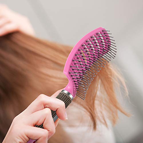 Cepillo de Pelo Desenredado Ventilado Cepillo de Pelo Curvo Cepillo de Peinado para Cabello Largo Rizado Grueso Mojado, Unisexo (Rosa)