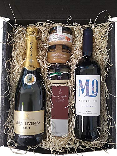 Cesta de Navidad para regalo de empresas con vino, cava, bombones, cremas y pates.