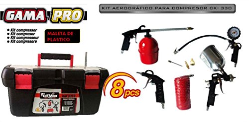 Cevik CAKIT8PRO - Kit aerográfico para compresor. 8 piezas: pistola de pintar, de petrolear, soplador, inflador, espiral 5 mt.y 3 boquillas