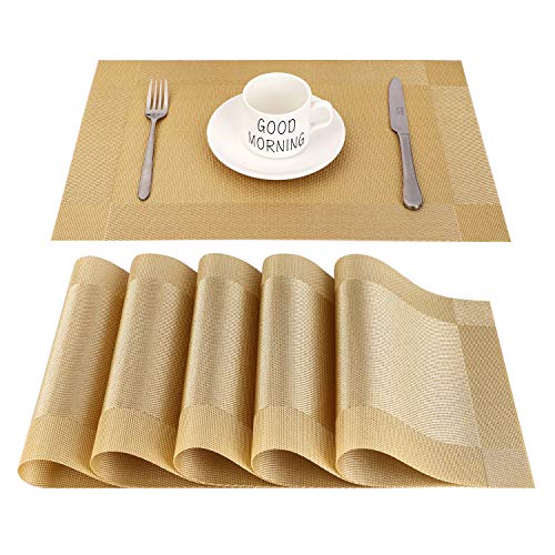 CHAOCHI Manteles Individuales Lavables Salvamantele Individuales PVC Antideslizantes Resistente al Calor Juego de 6 para la Mesa de Comedor de Cocina,Dorado