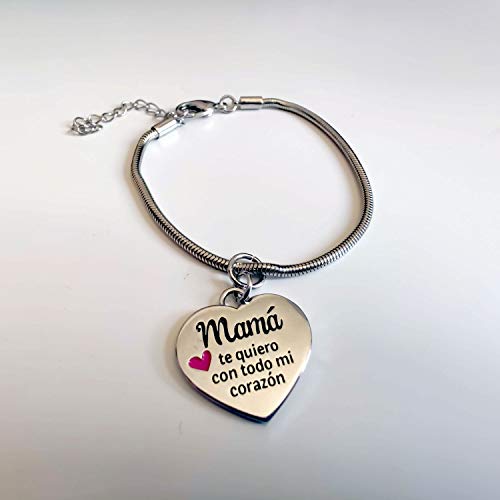 Charm o abalorio con Forma de corazón y el Mensaje Mamá te Quiero con Todo mi corazón. Puedes comprarlo Suelto con Llavero, Pulsera, o Collar. De aleación de Zinc mamá y Madres