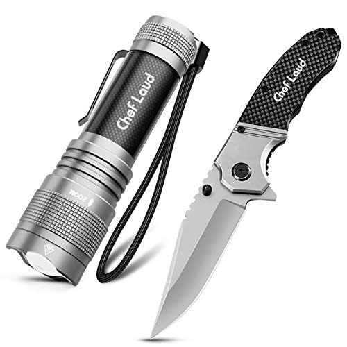 Cheflaud Linterna LED y Navaja Caza, Navaja y Linterna Set, Acero Inoxidble cuchillo plegable y linterna de camping portátil 5 modos, foco ajustable, para viajes, camping, talleres, hogar, etc