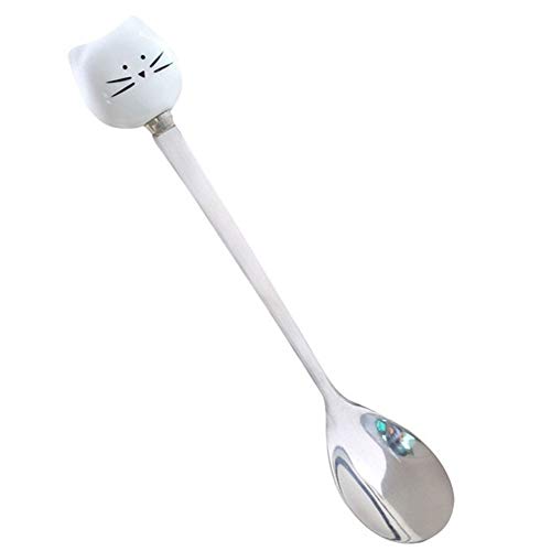 chenran Accesorios Harajuku Durable Helado De Dibujos Animados Negro Blanco Gato Cabeza Cucharas Bebé Niños Niños Alimentación Café Acero Inoxidable Cucharilla Linda Regalo (Color : White)