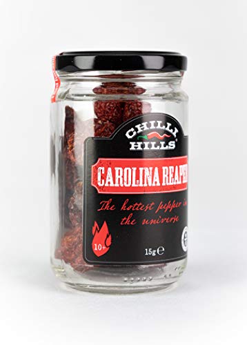 Chilli Hills chiles deshidratados CAROLINA REAPER. Los chiles más picantes del mundo cultivados en nuestro huerto familiar y deshidratados a conciencia para conservar su sabor. 15 a 18 piezas por bote