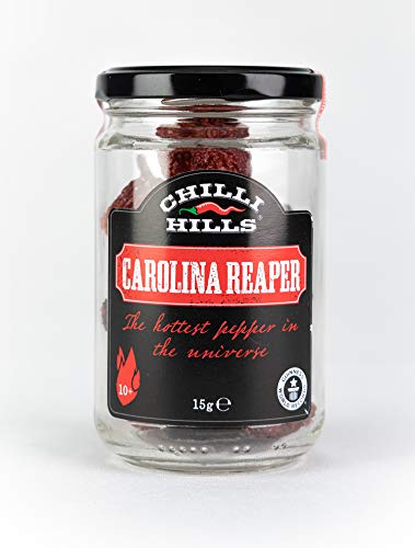 Chilli Hills chiles deshidratados CAROLINA REAPER. Los chiles más picantes del mundo cultivados en nuestro huerto familiar y deshidratados a conciencia para conservar su sabor. 15 a 18 piezas por bote