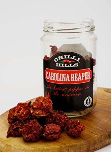 Chilli Hills chiles deshidratados CAROLINA REAPER. Los chiles más picantes del mundo cultivados en nuestro huerto familiar y deshidratados a conciencia para conservar su sabor. 15 a 18 piezas por bote