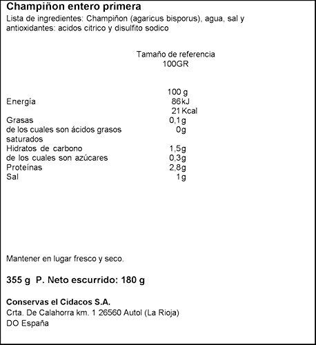 Cidacos - Champiñon Entero Cil 355 g Primera