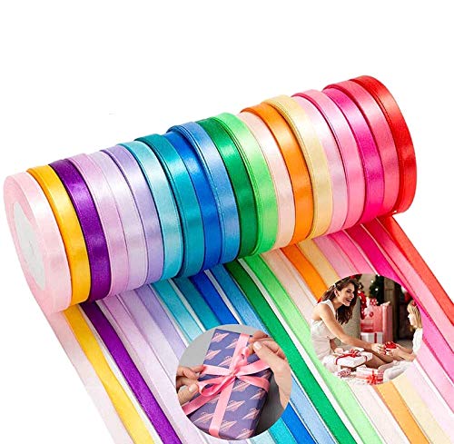 Cinta de Raso, Colores Mezcla Rollo de Raso de Doble Cara Satén de Seda para Embalaje Decoración de Regalo Cajas Flores Boda Navidad Fiestas Manualidades (10 Colores-10mm*220m)