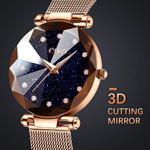 CIVO Relojes para Mujer Reloj Damas de Malla Impermeable Minimalista Oro Rosa Elegante Banda de Acero Inoxidable Relojes de Pulsera Moda Vestir Negocio Casual Reloj de Cuarzo (Azul)